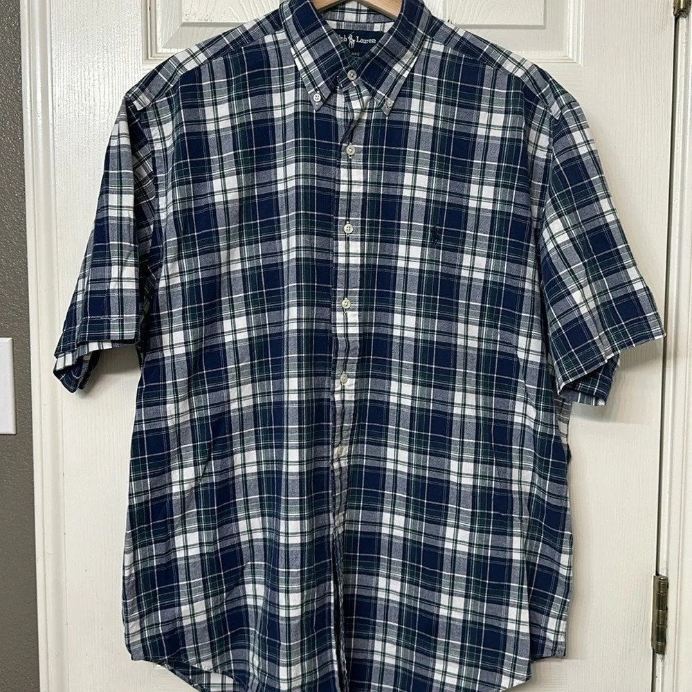 Ralph Lauren Navy Green White Plaid Button Down Short Sleeve‎ Men’s Size Large